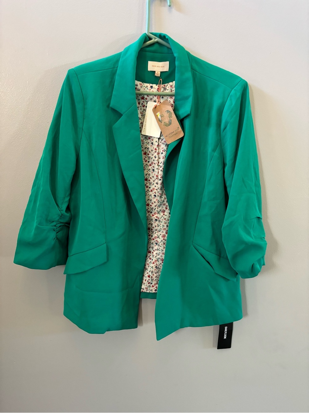 Skies Are Blue Teal Ruched-Sleeve Blazer